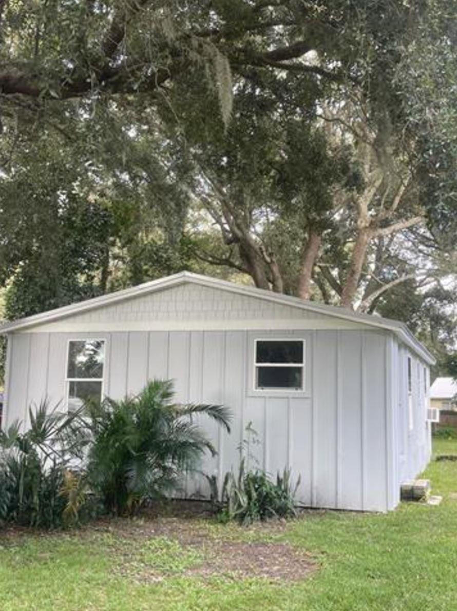 a backyard of a house with plants and large tree