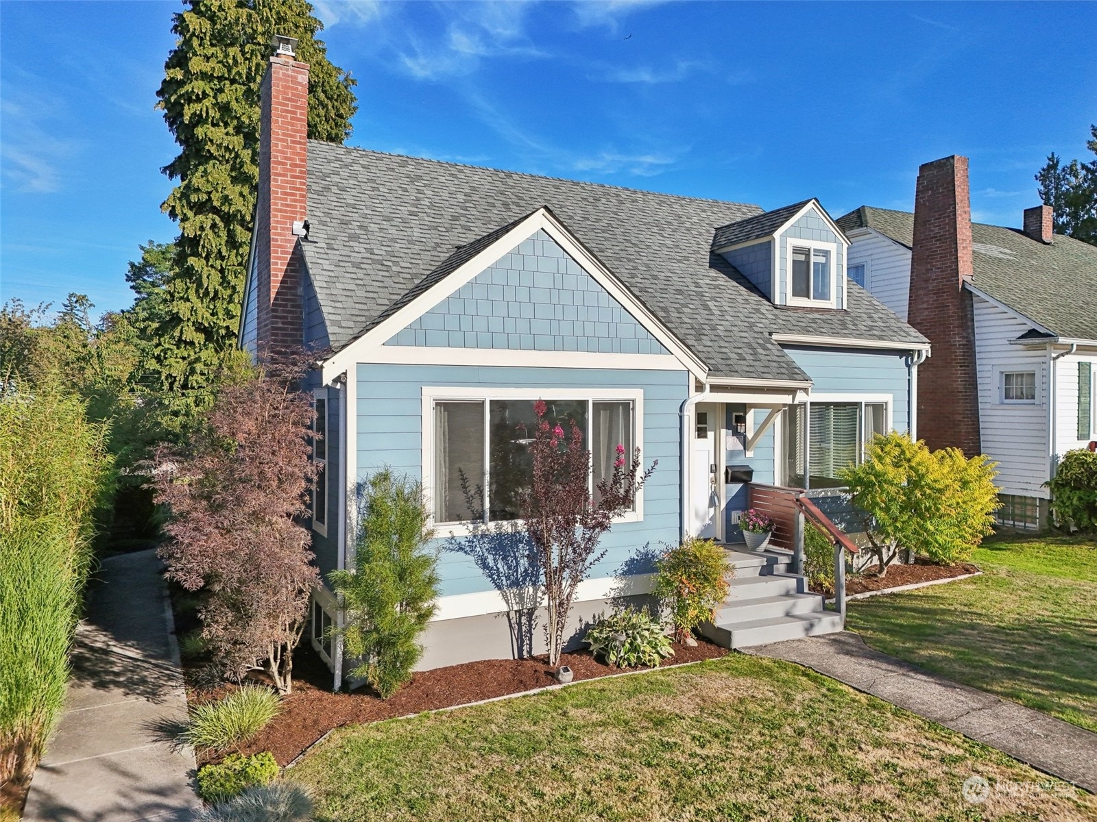 front view of a house with a patio