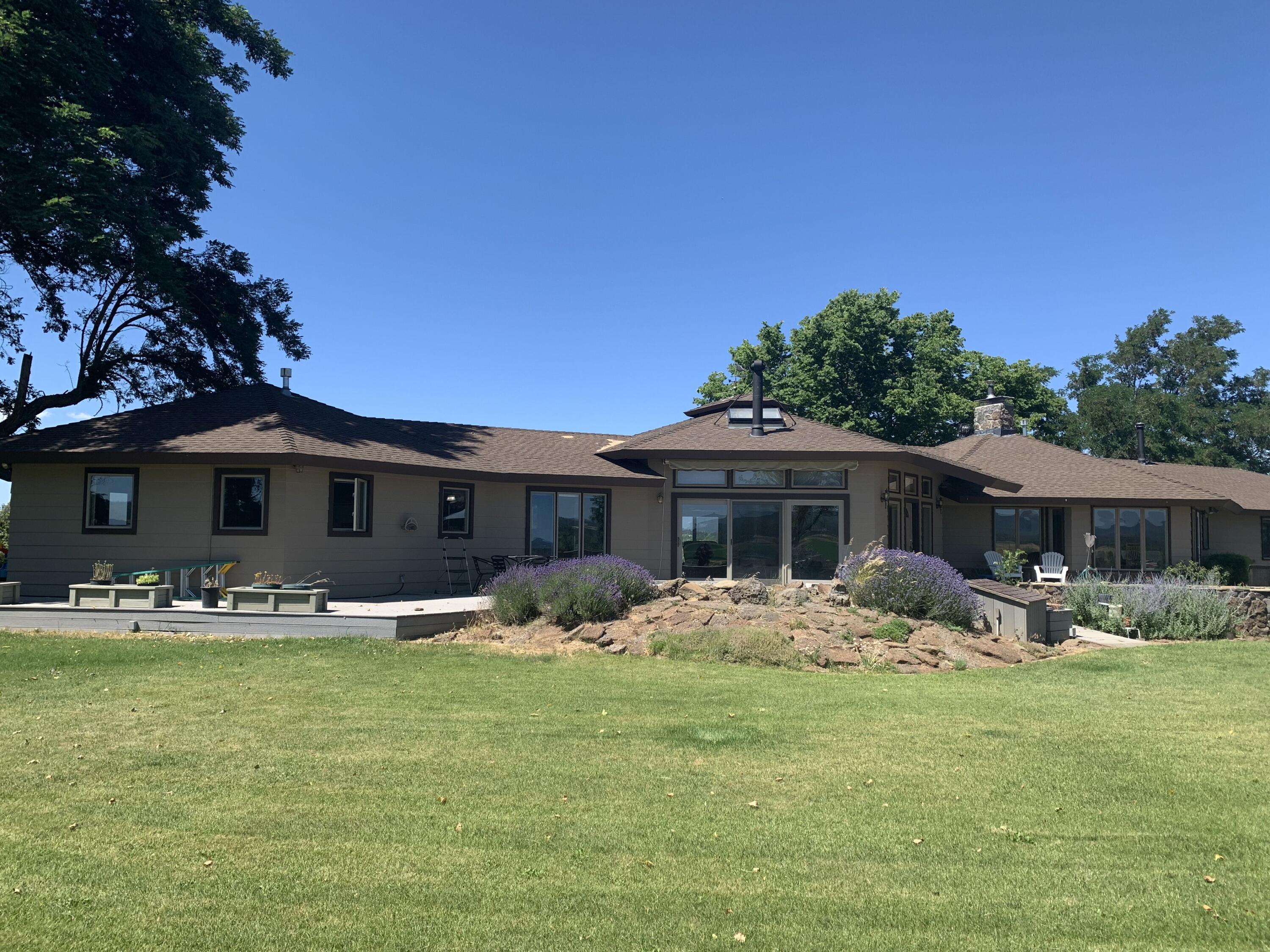 a front view of house with yard slide and large tree