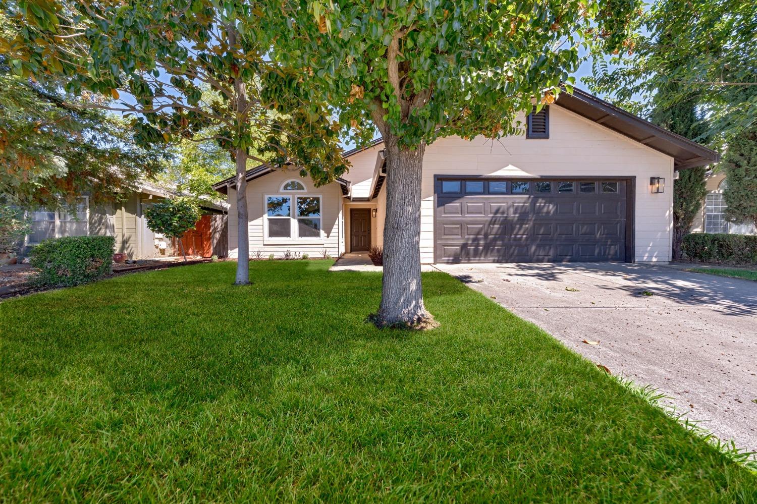 a front view of house with yard and green space