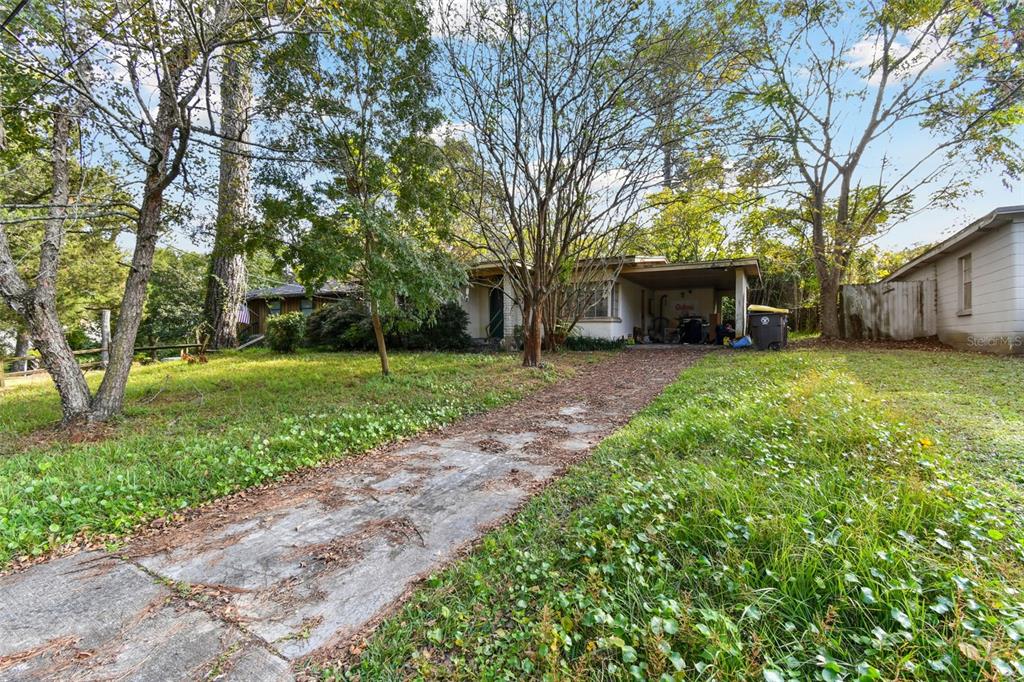 a view of a backyard with large trees