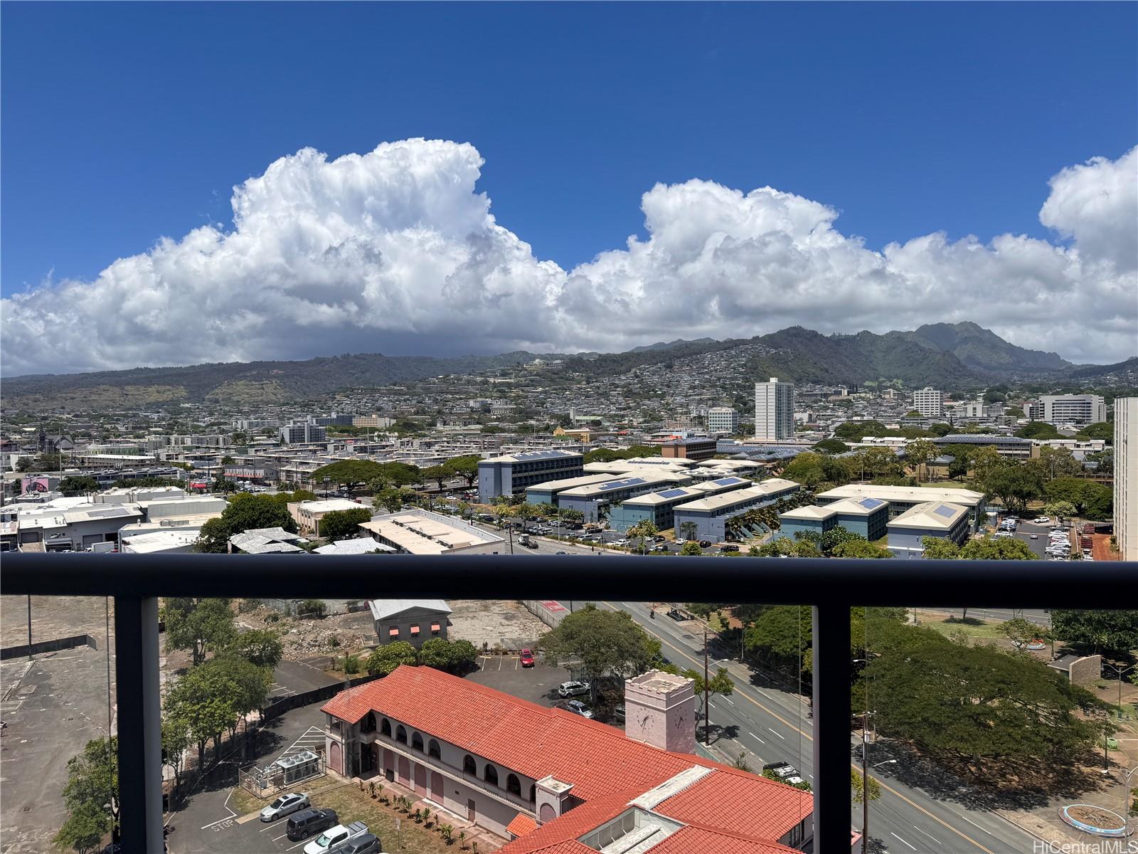 a view of a city from a balcony