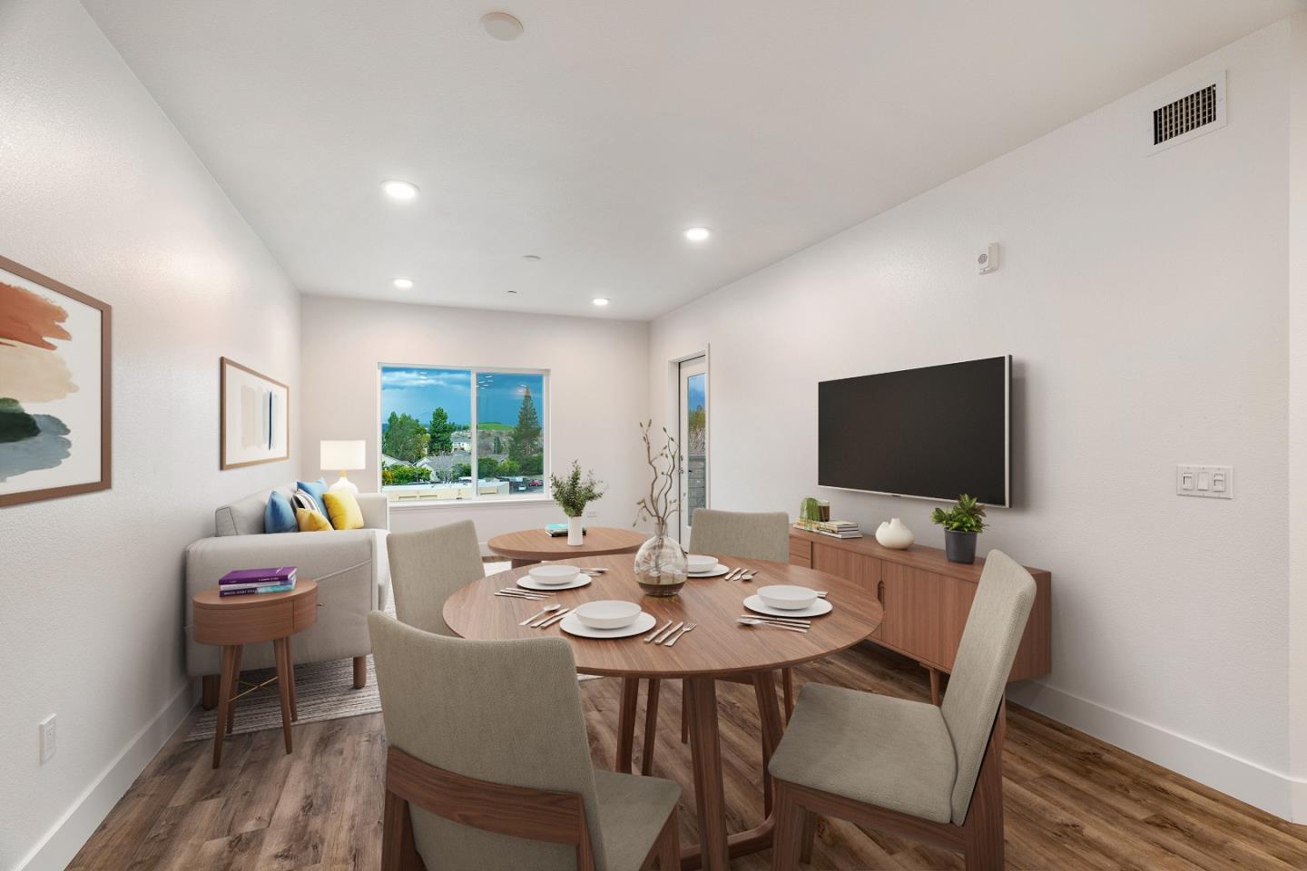 a view of a dining room with furniture