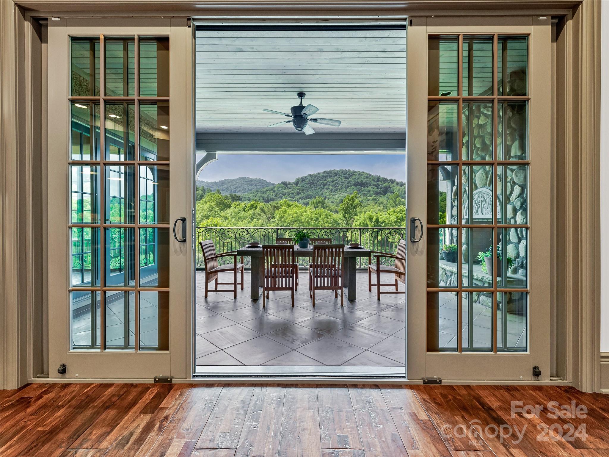 a view of a porch with a lounge chair