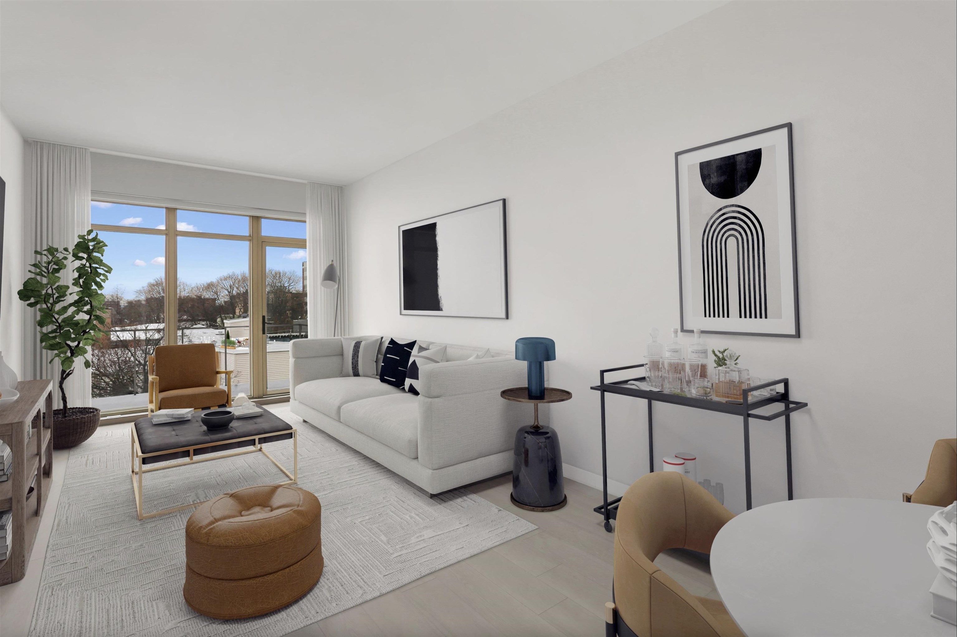 a living room with furniture and a floor to ceiling window