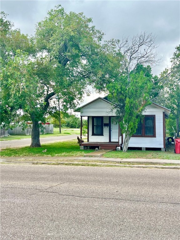 a front view of a house with a yard and a large tree