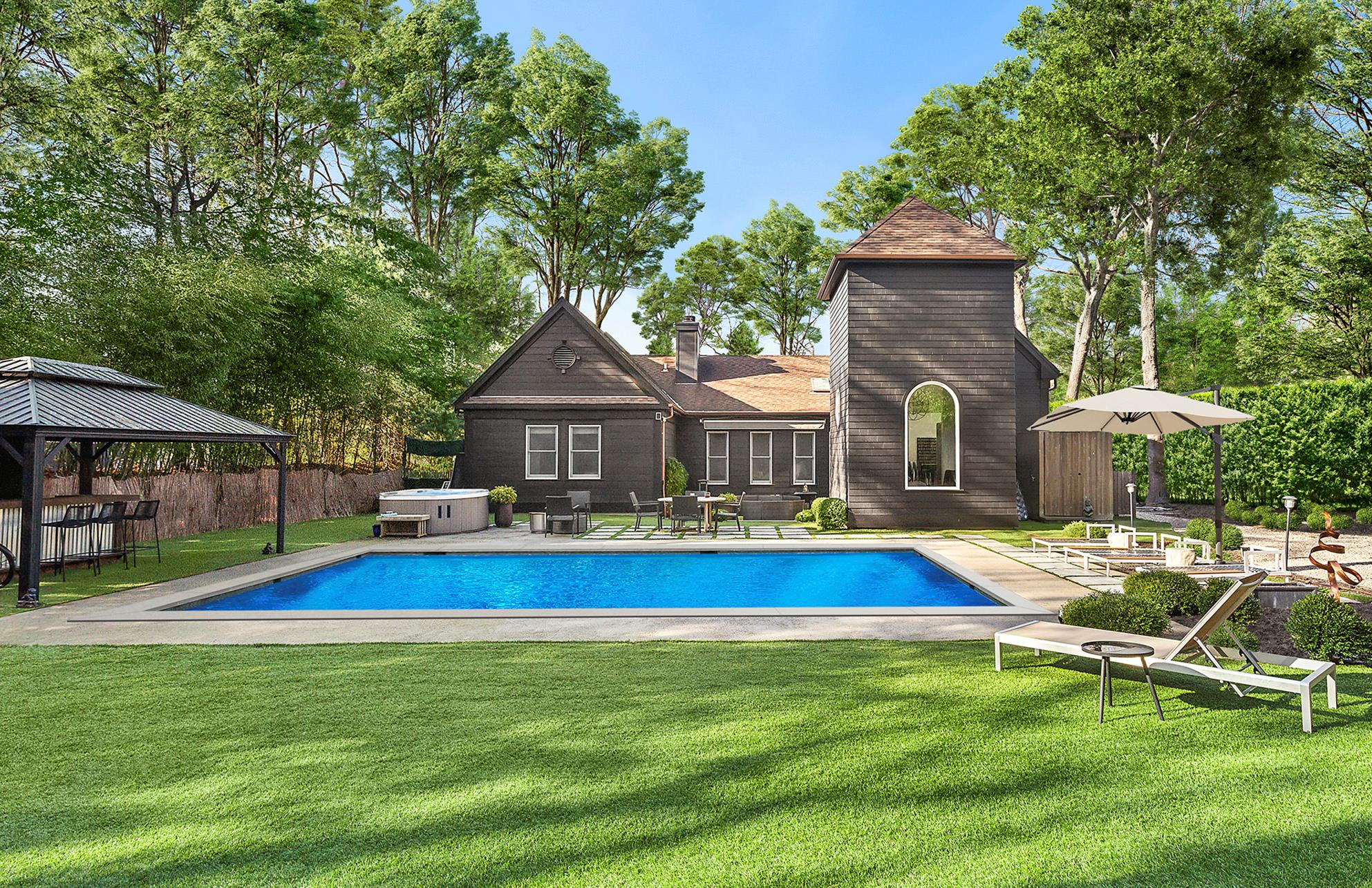 View of swimming pool featuring a gazebo, a patio, and a lawn