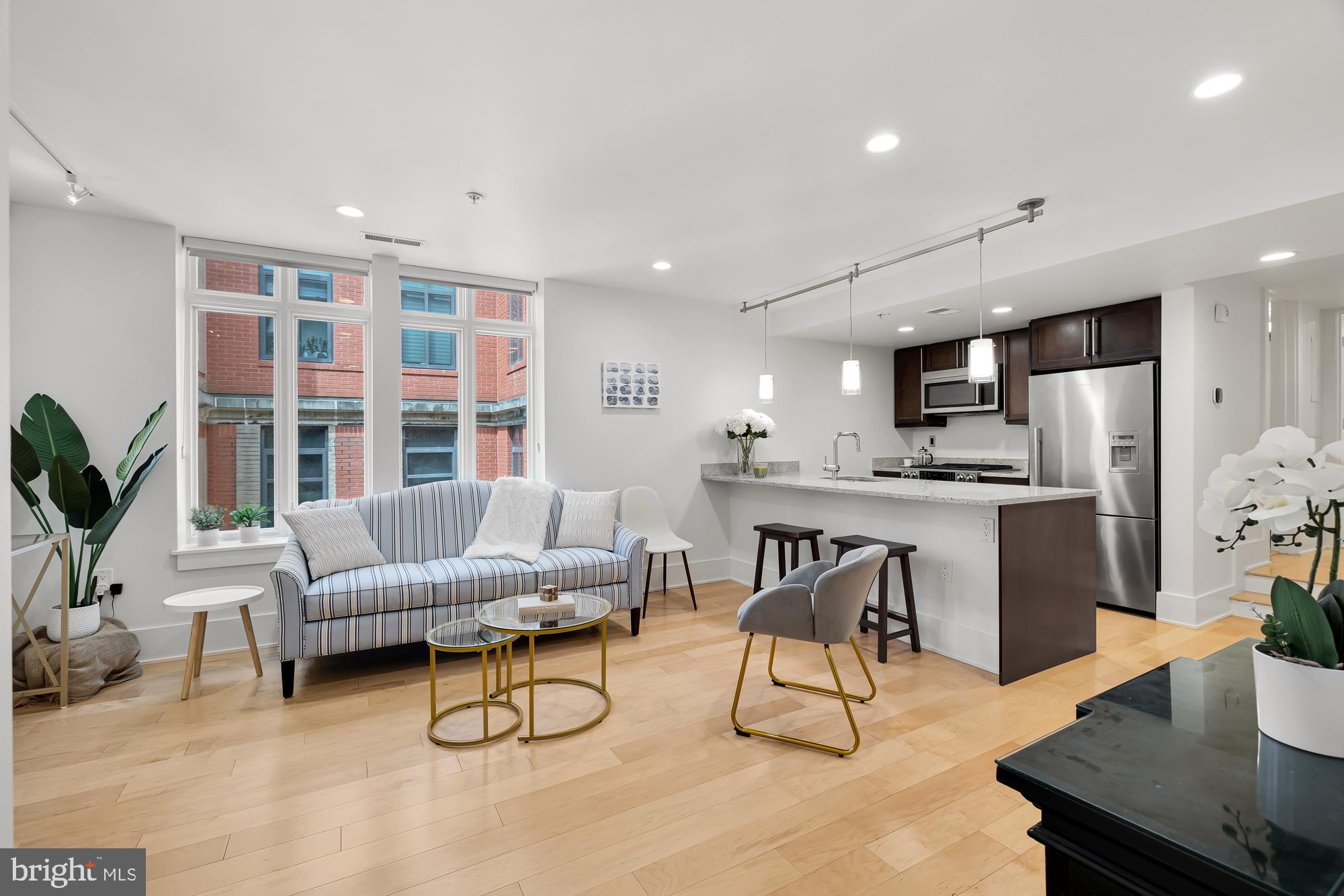 a living room with furniture kitchen view and a potted plant