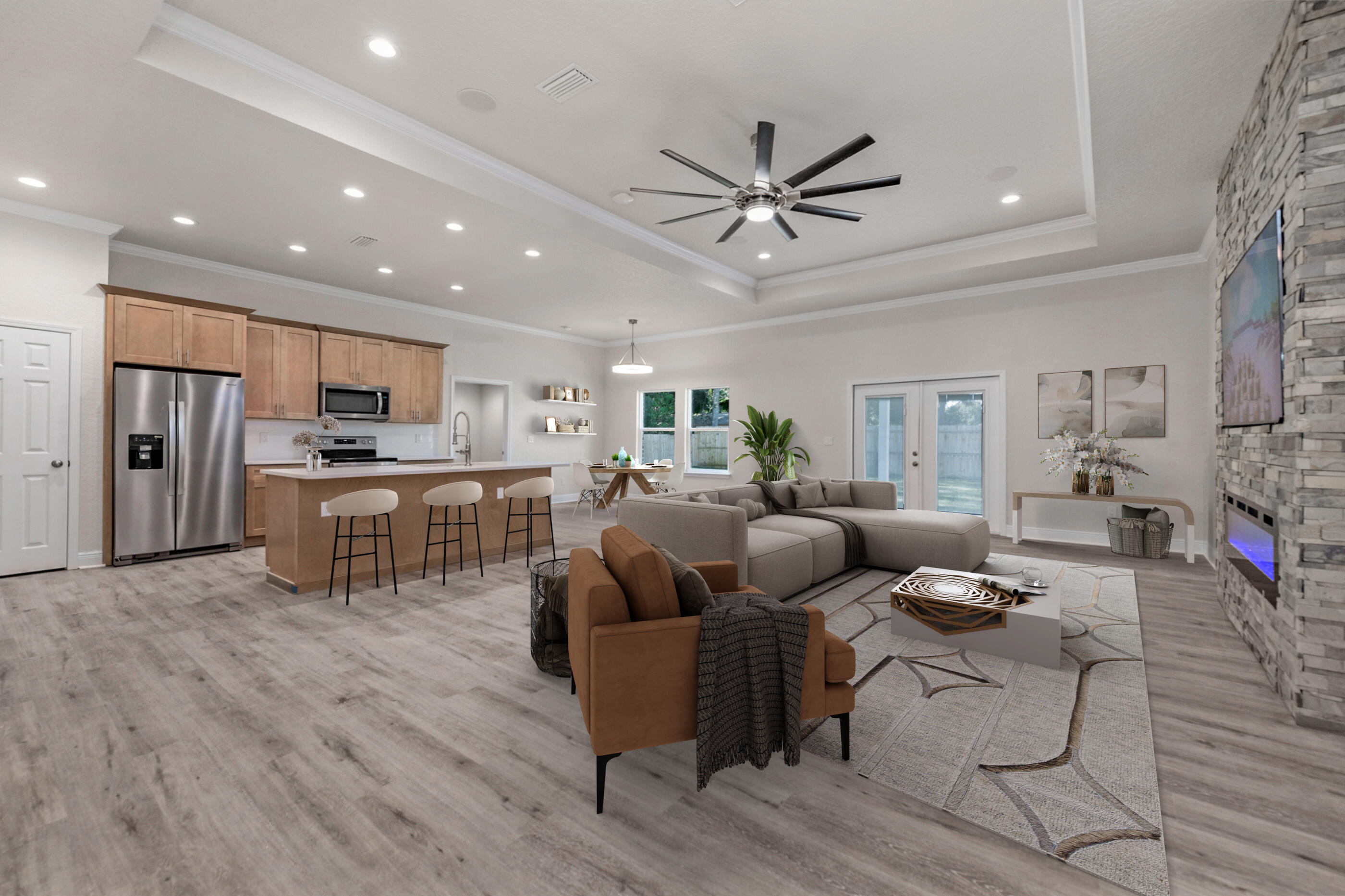 a living room with furniture and kitchen view