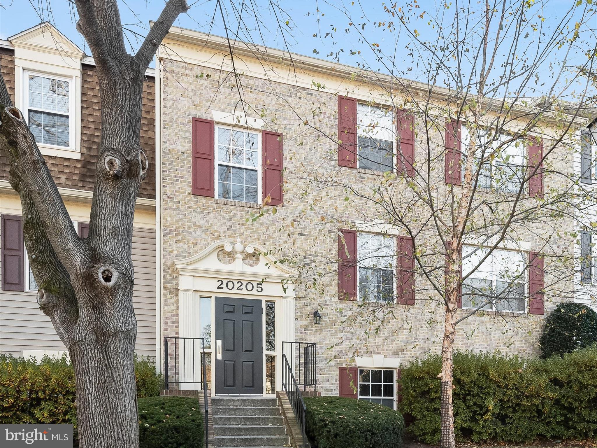 a front view of a building with a tree