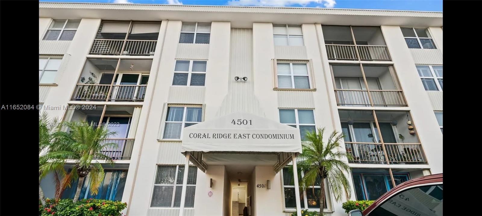 a view of a building with a large window