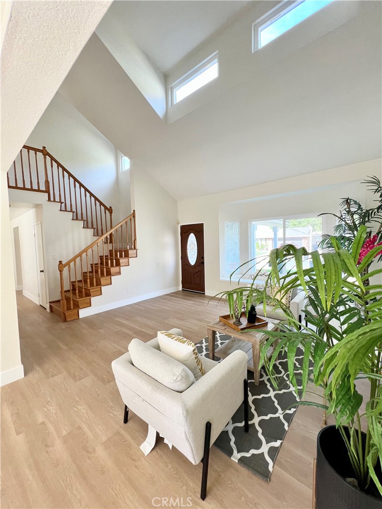 a living room with furniture and a potted plant