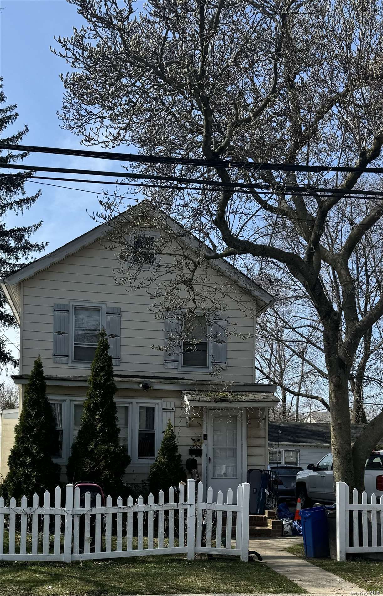 front view of a house with a tree