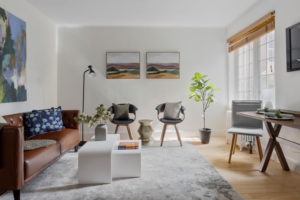 a living room with furniture and a potted plant