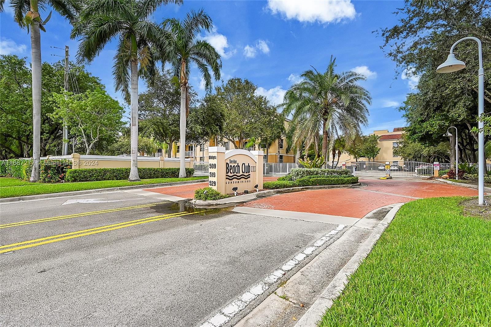 a view of a park with palm trees