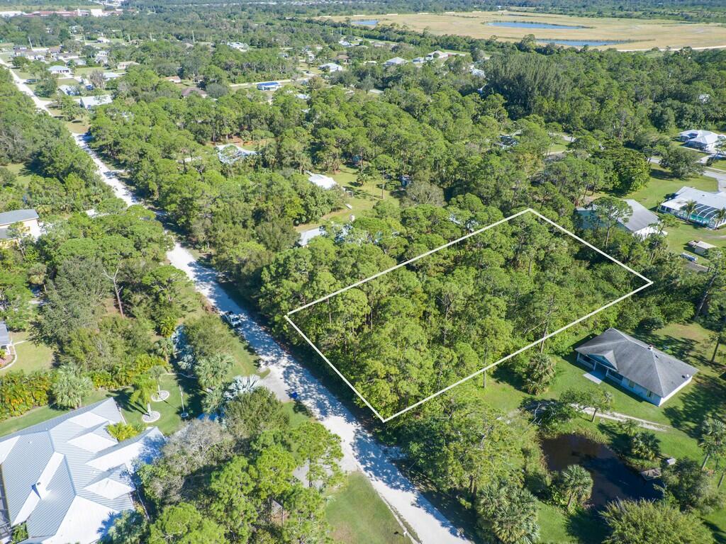 an aerial view of a residential houses with outdoor space and trees