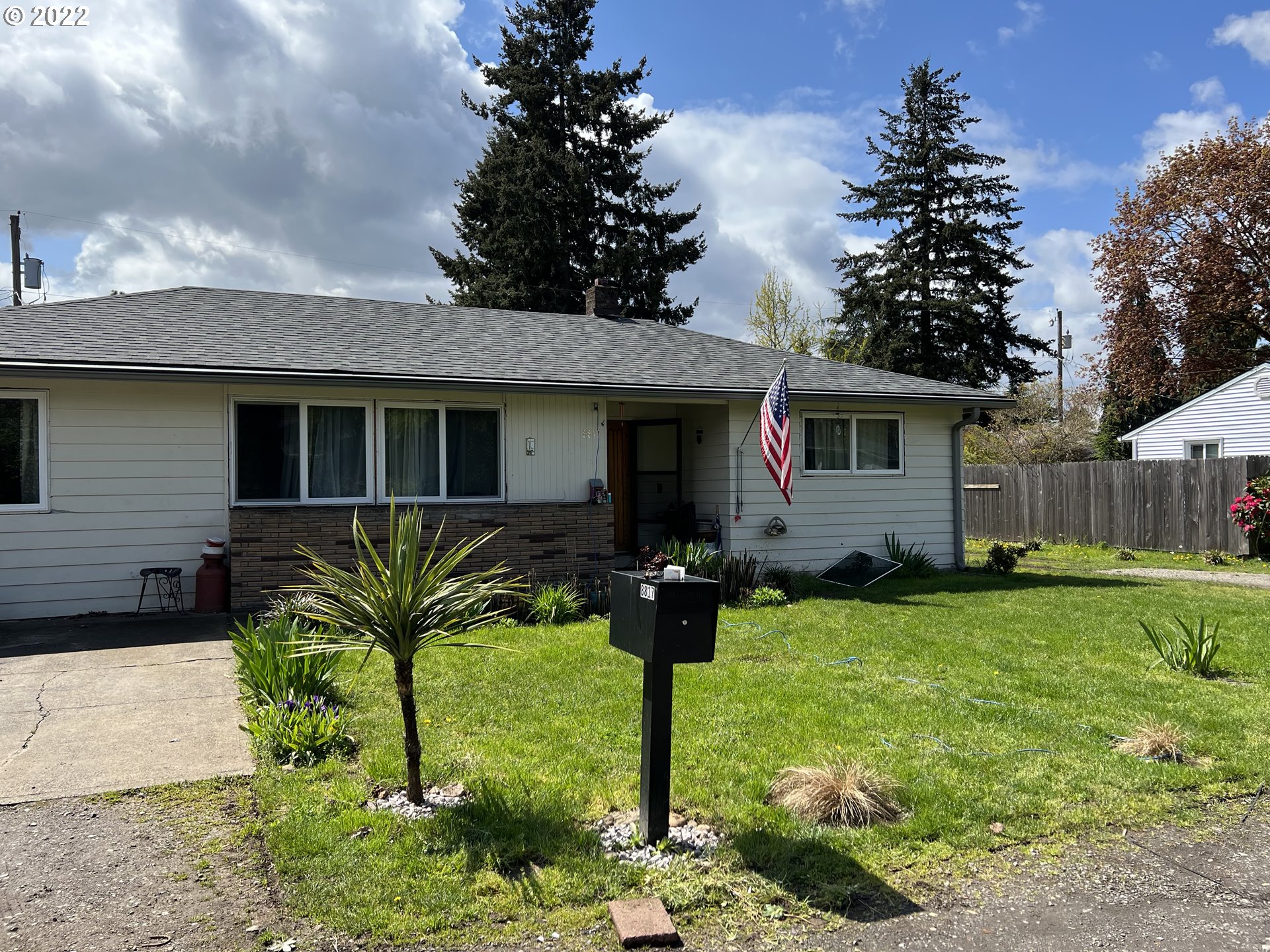 a front view of house with yard and green space