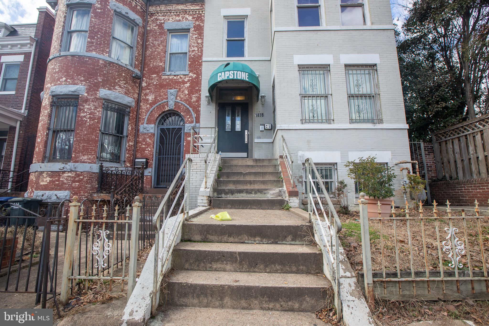 a front view of a brick building