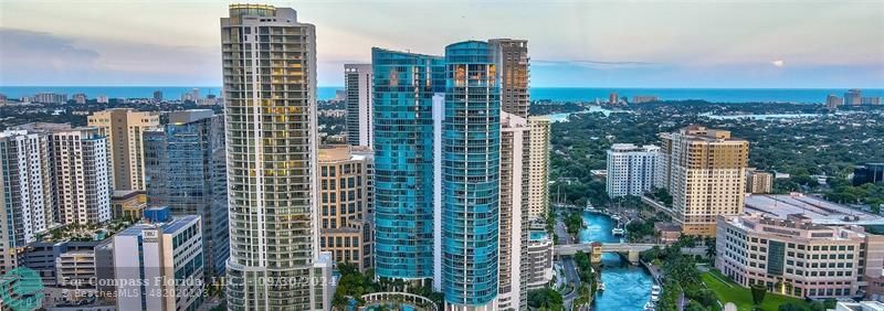 a city view with tall buildings