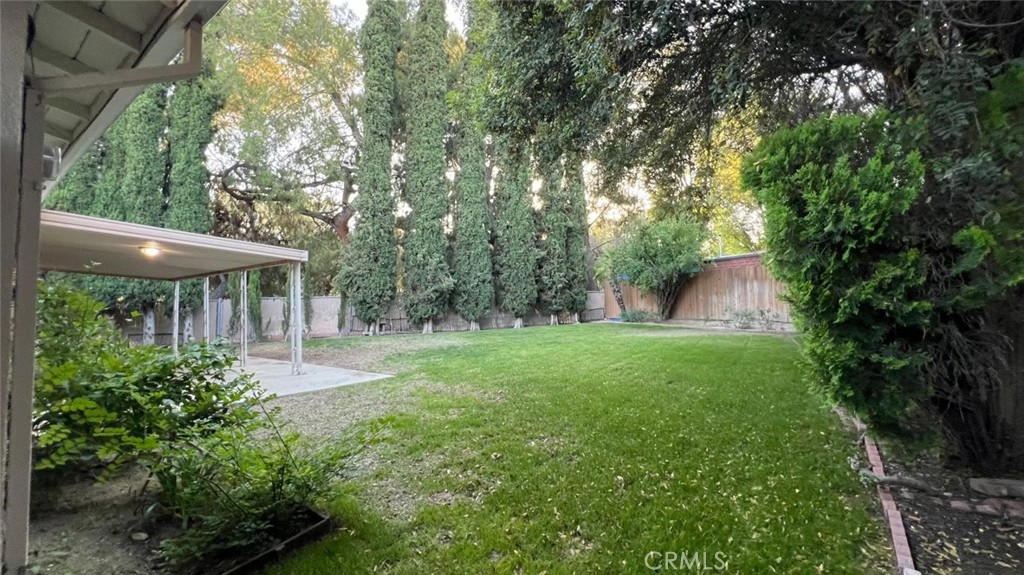 a view of backyard with table and chairs and a large tree