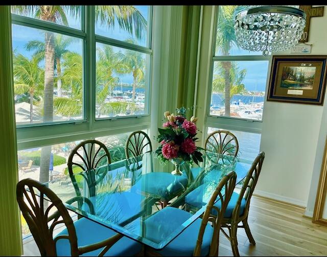 a view of a dining room with furniture window and outside view