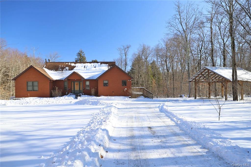 a view of a house with a snow in the background