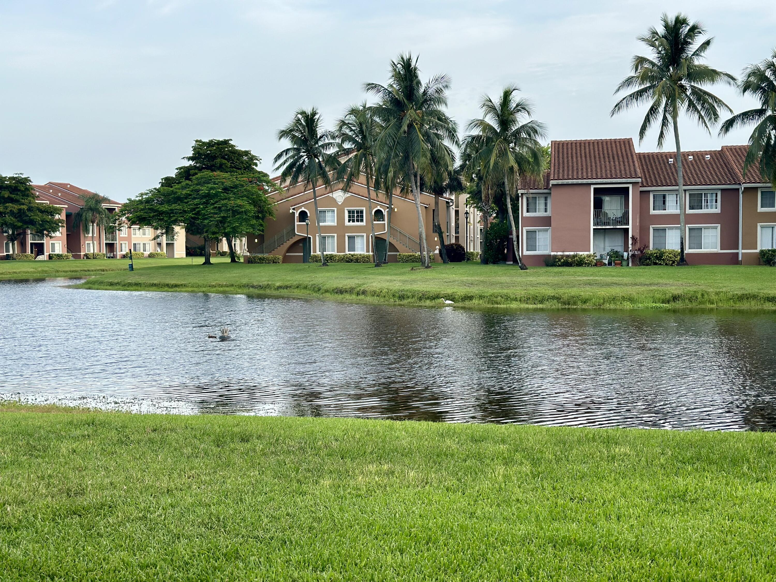 a view of a house with a yard and a fountain