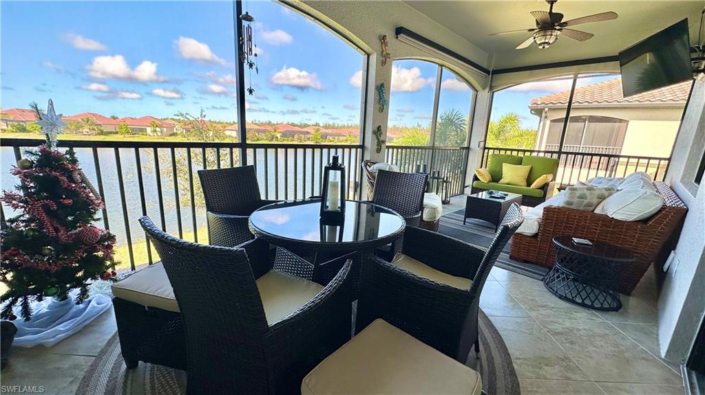 a view of balcony with furniture