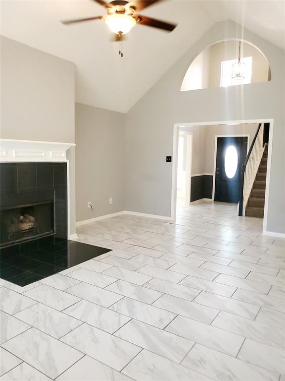 Tiled living room with fireplace