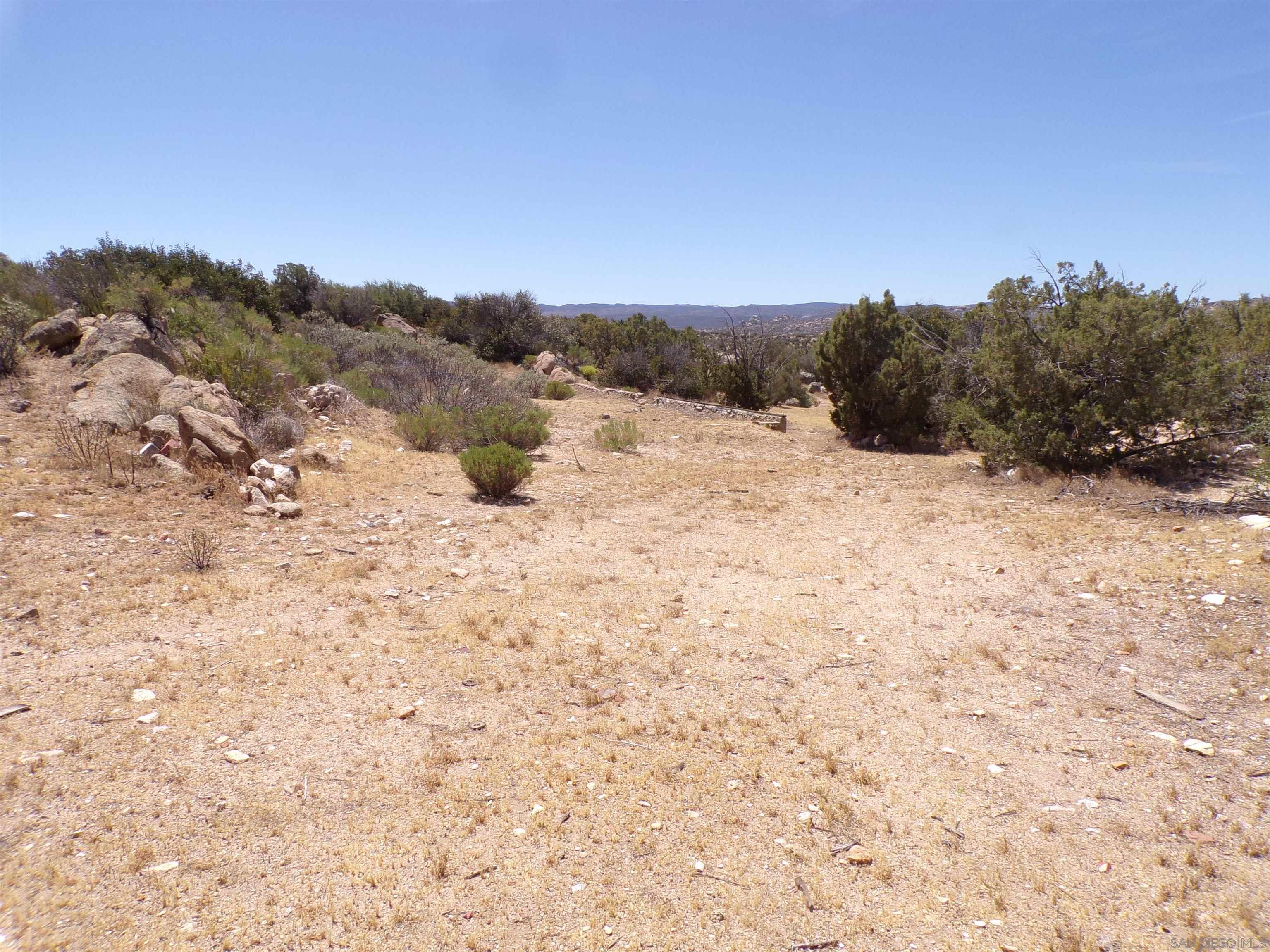 a view of a dry yard with mountains in the background