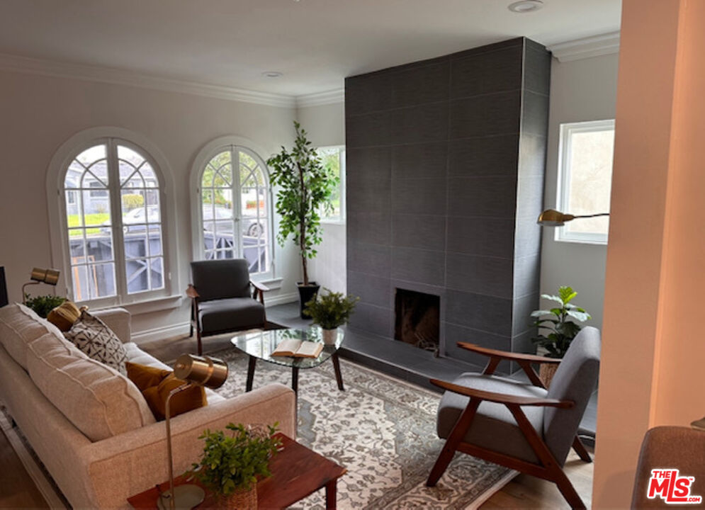 a living room with furniture and a potted plant