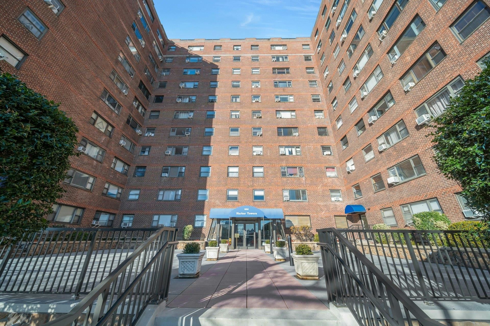 a view of a building with brick walls