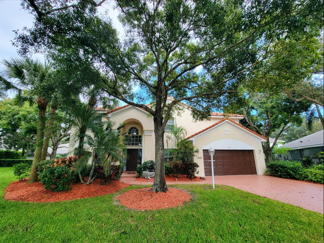 a front view of a house with a yard and a tree