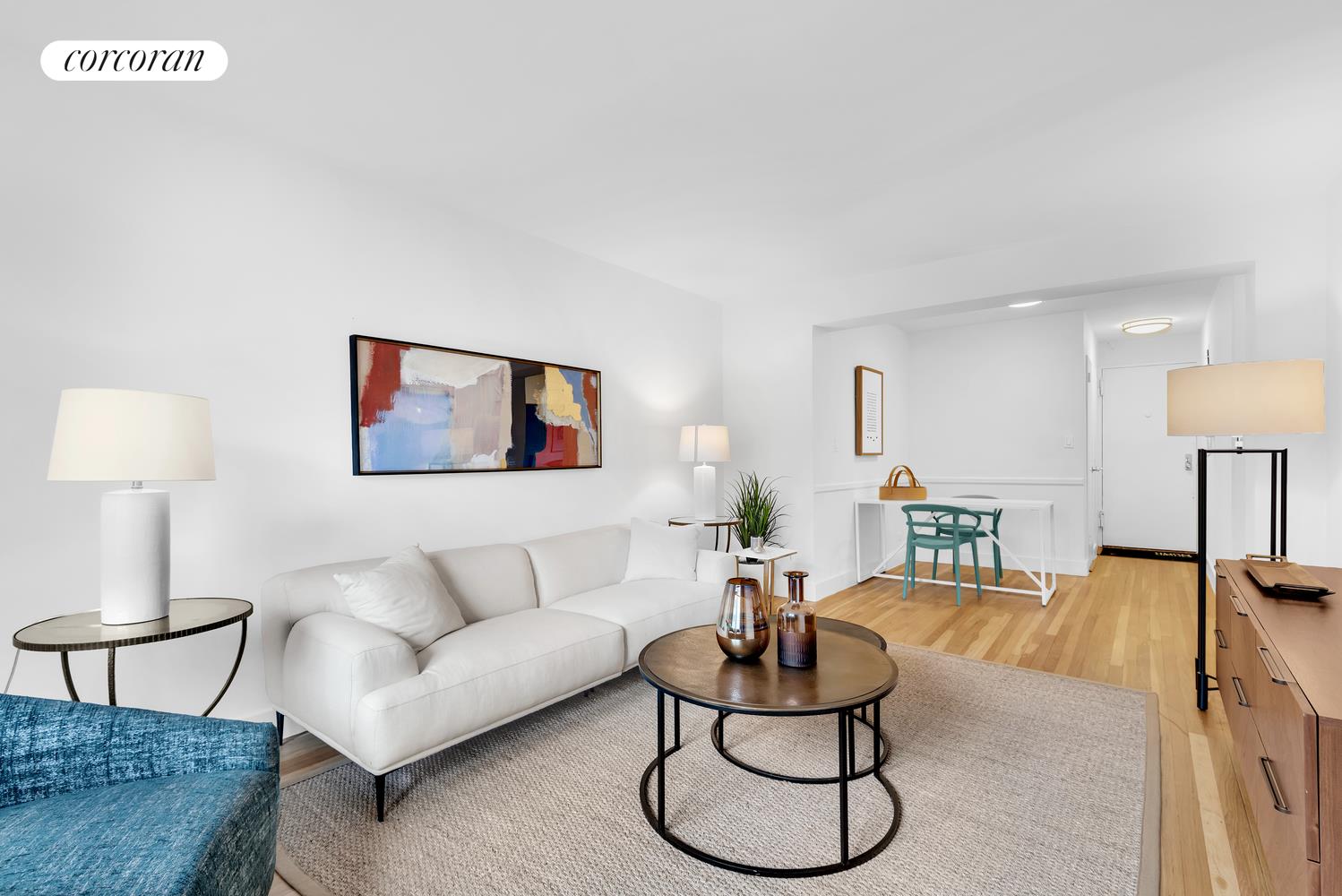 a living room with furniture and a table