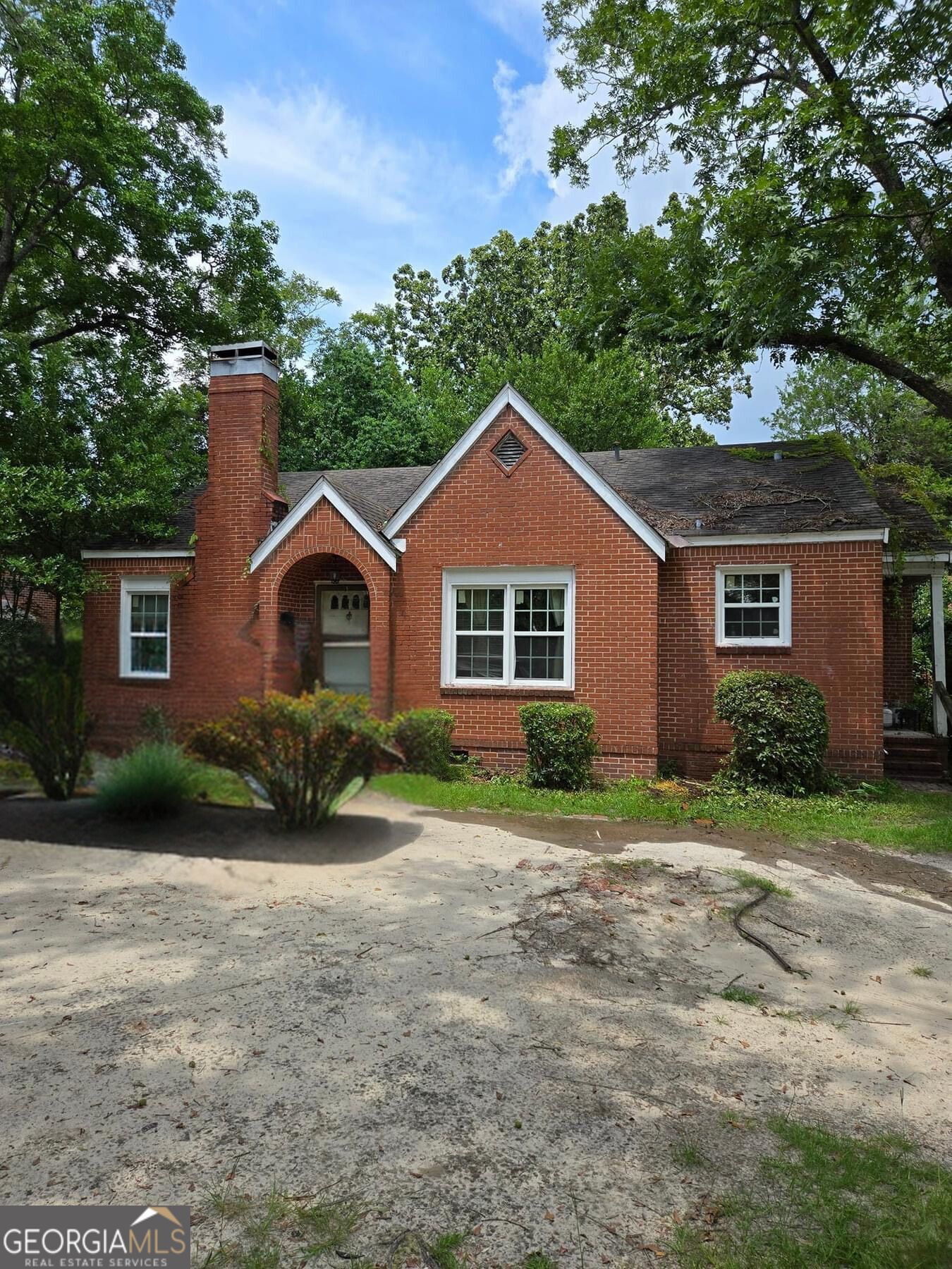 a view of a yard in front of a house with plants and large tree