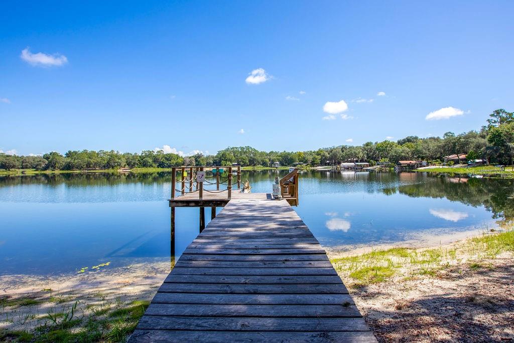 a view of a lake with boats and trees in the background