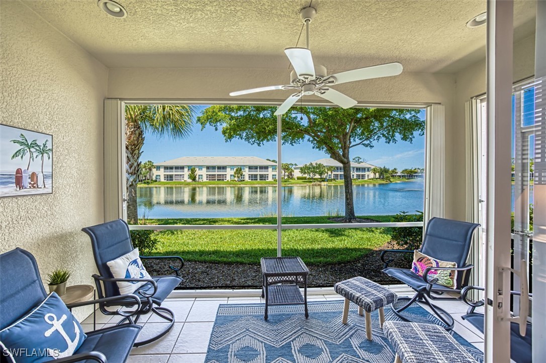 a patio with garden area and outdoor seating