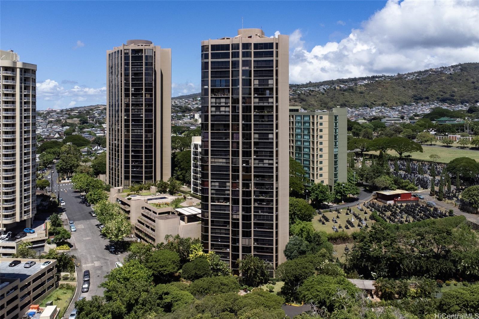 a view of a city with tall buildings