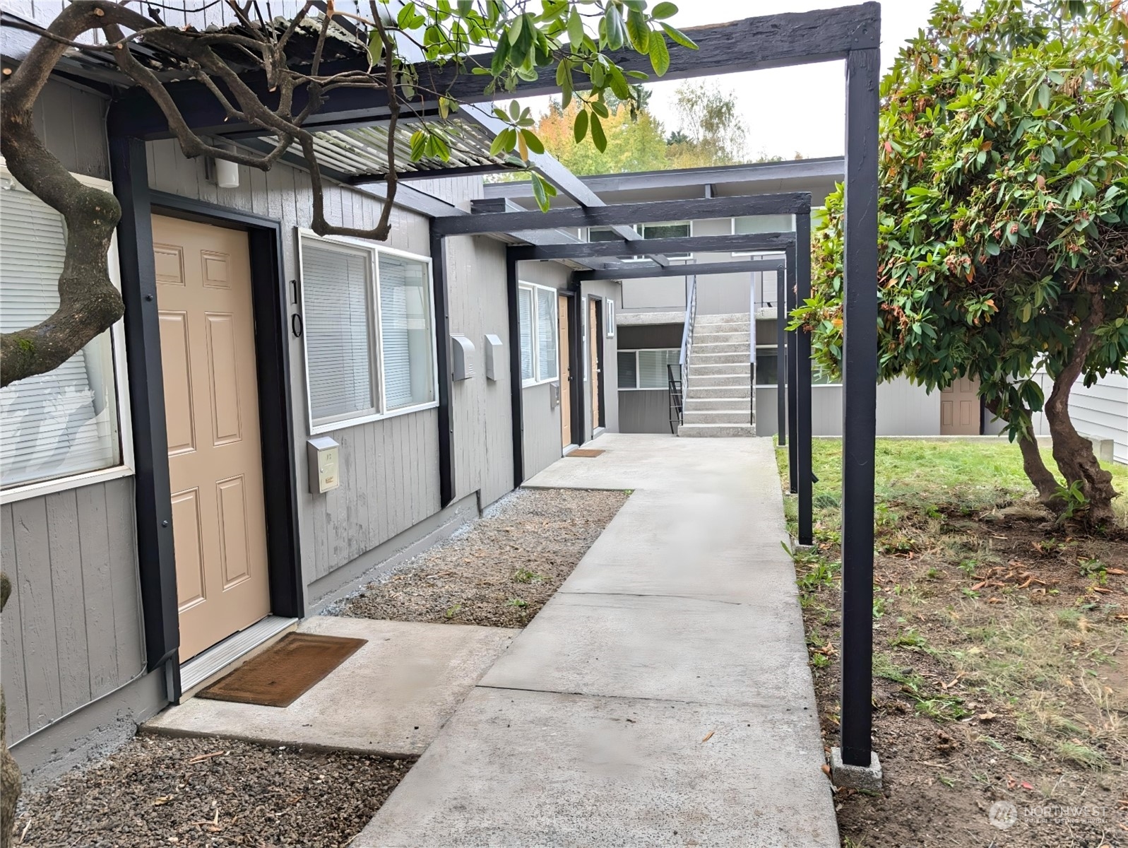 a view of a porch with a backyard