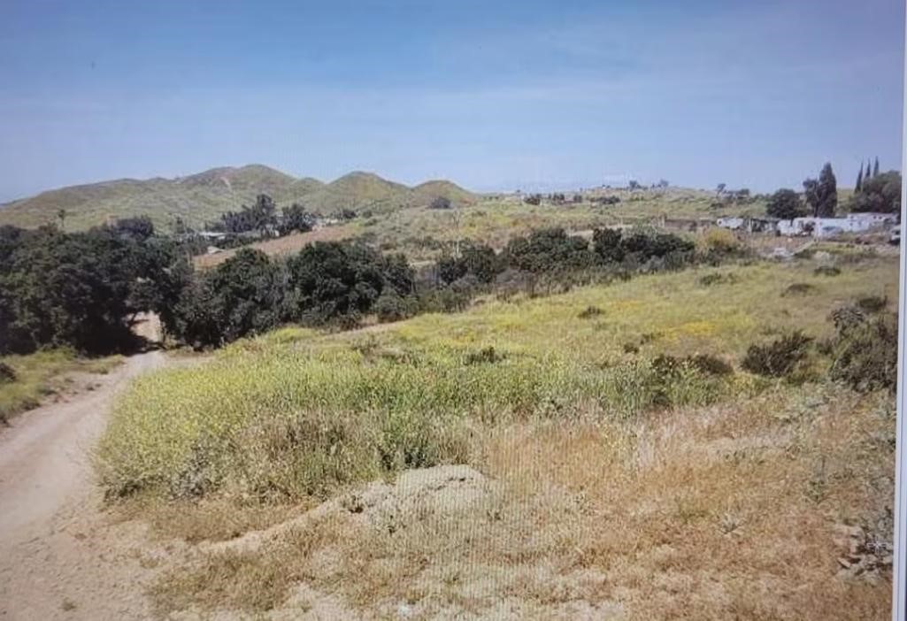 a view of a dry yard with mountains in the background