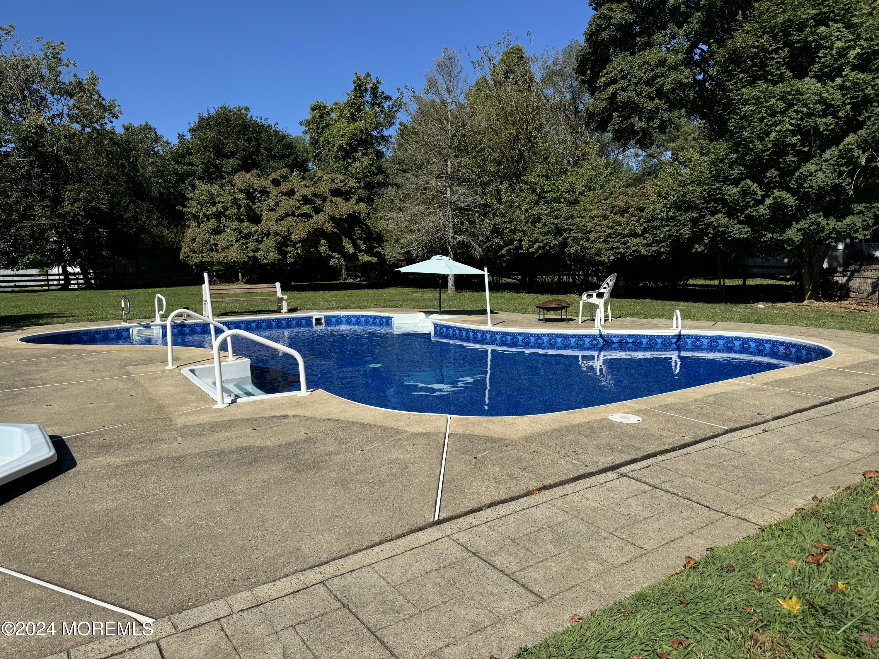 a view of a swimming pool with a yard