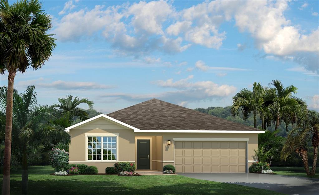 a view of a white house next to a yard with palm trees