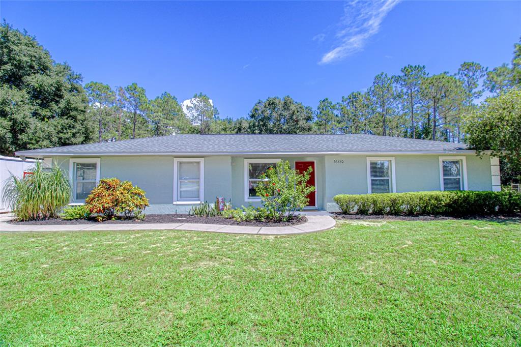 a view of a house with backyard and porch