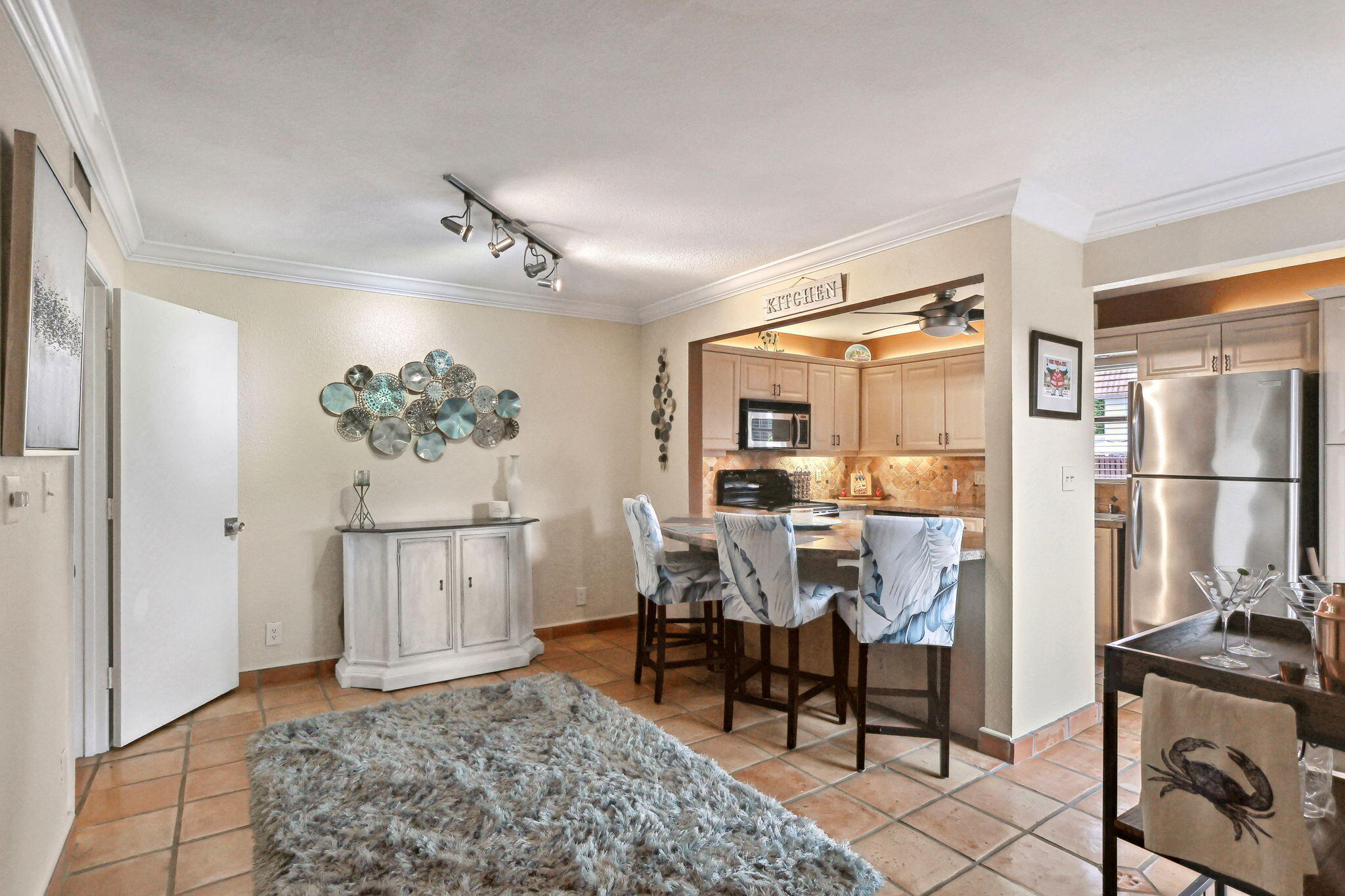 a view of a dining room with furniture