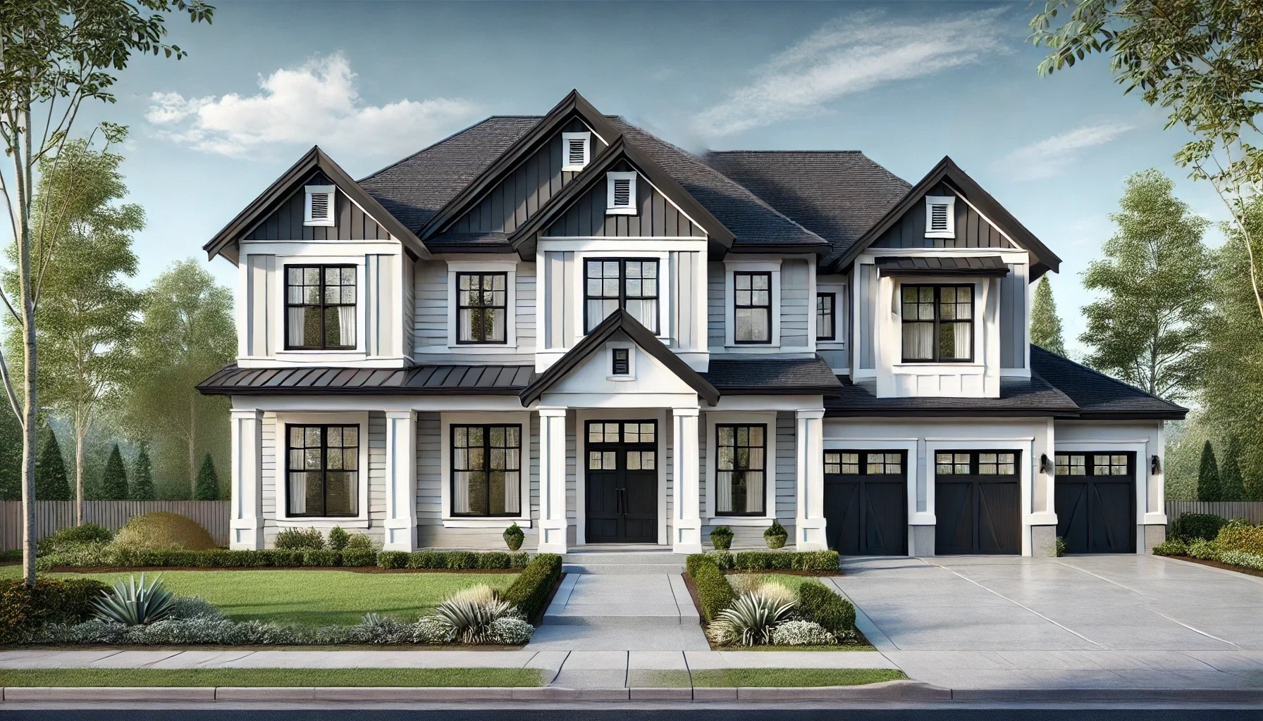 a front view of houses with yard and green space