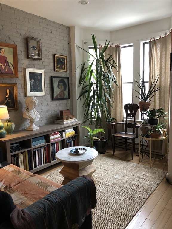 a living room with furniture and a potted plant