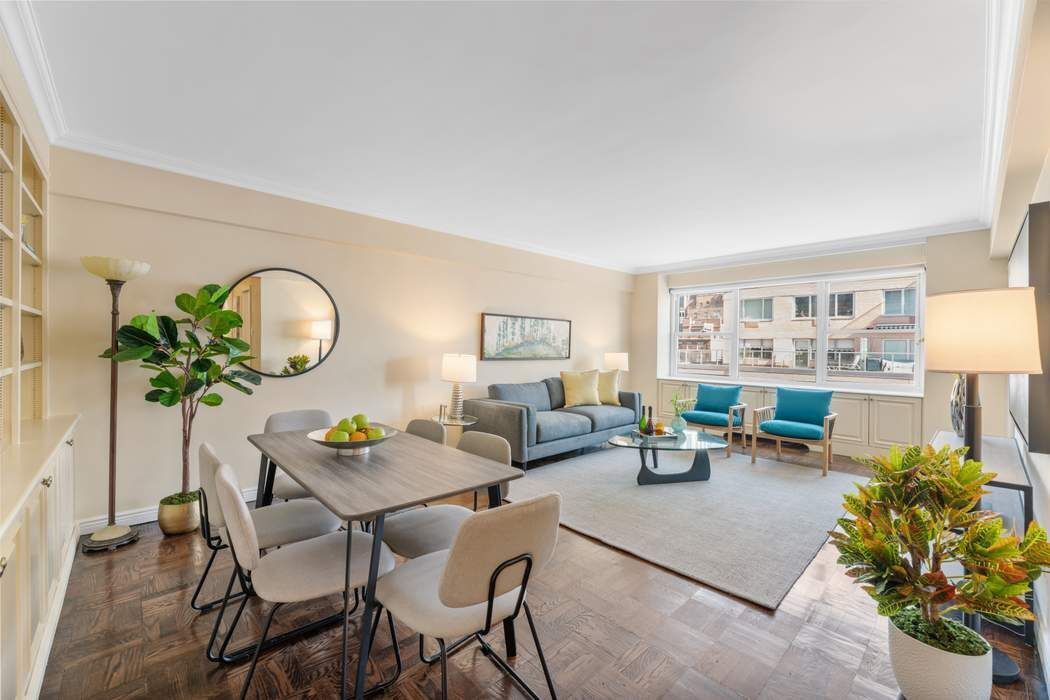 a living room with furniture and a potted plant