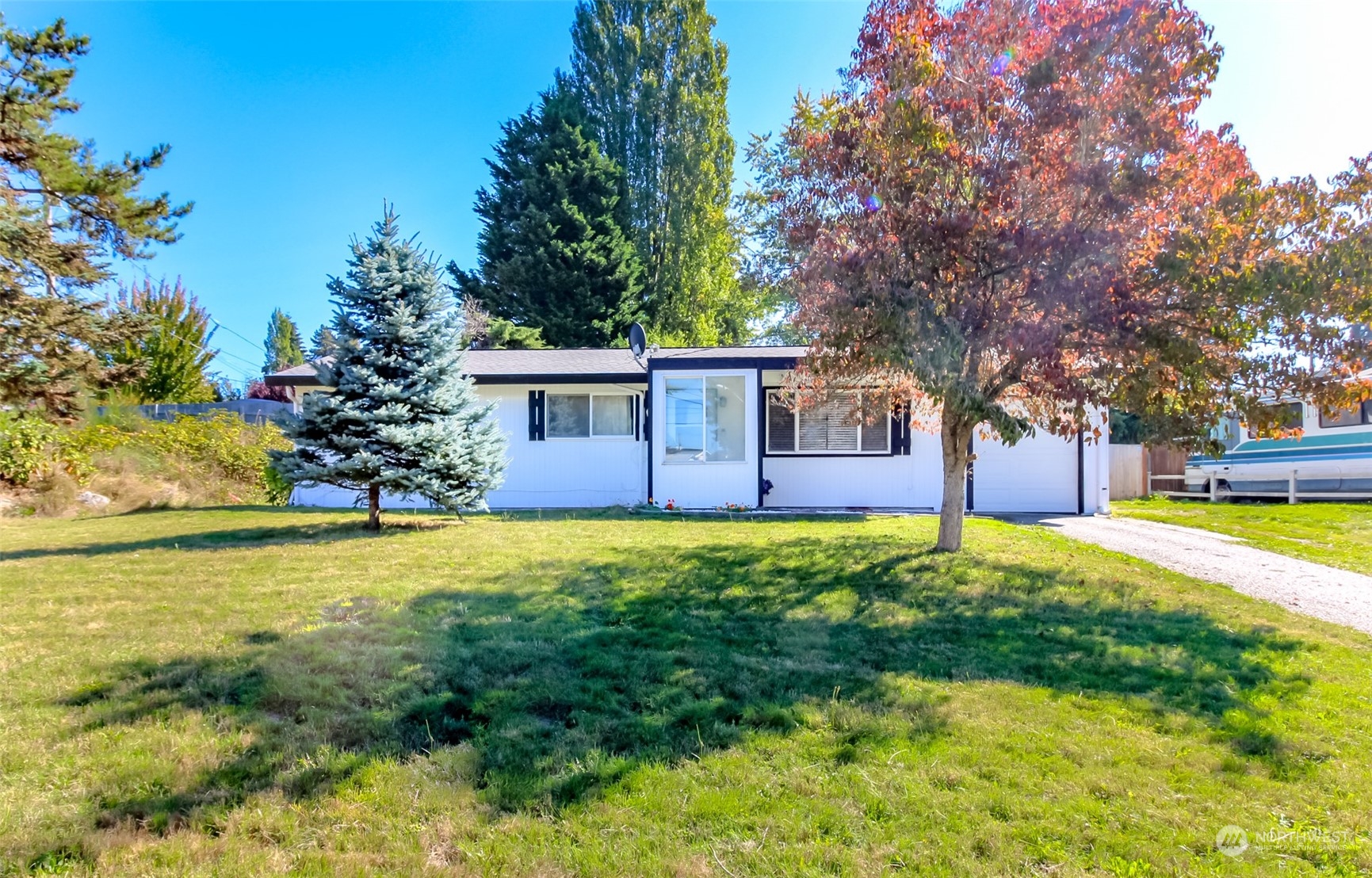 a view of a house with backyard and tree