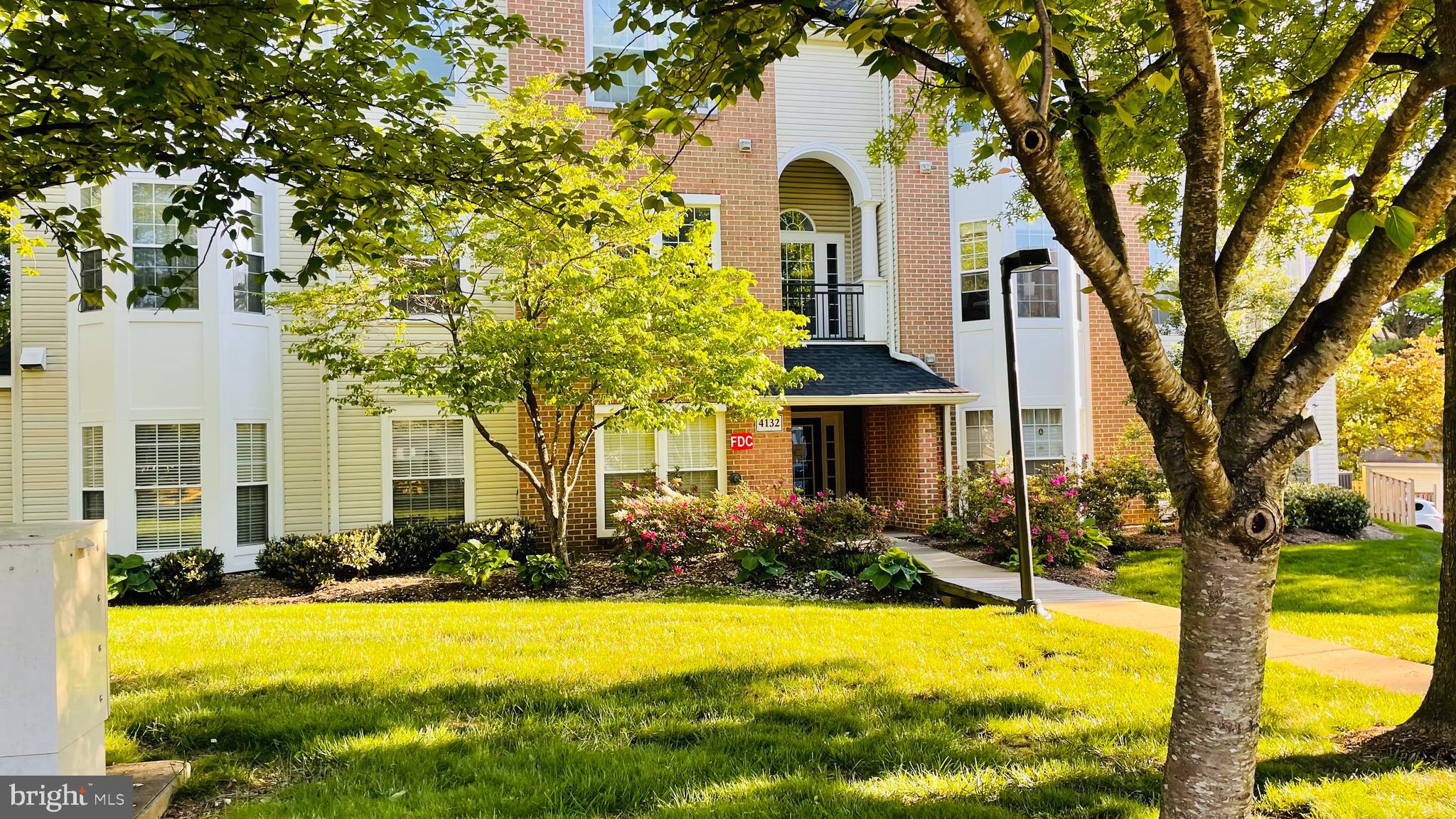 a front view of a house with yard and green space