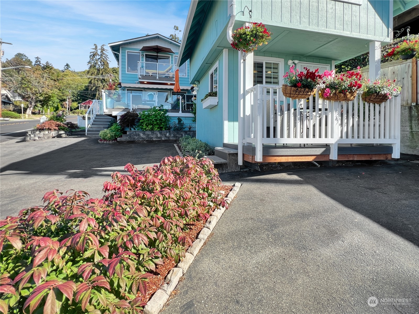 a view of street with flower on side of it